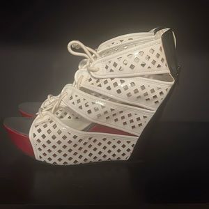 Black White and Red Patent Leather Wedge Sandals